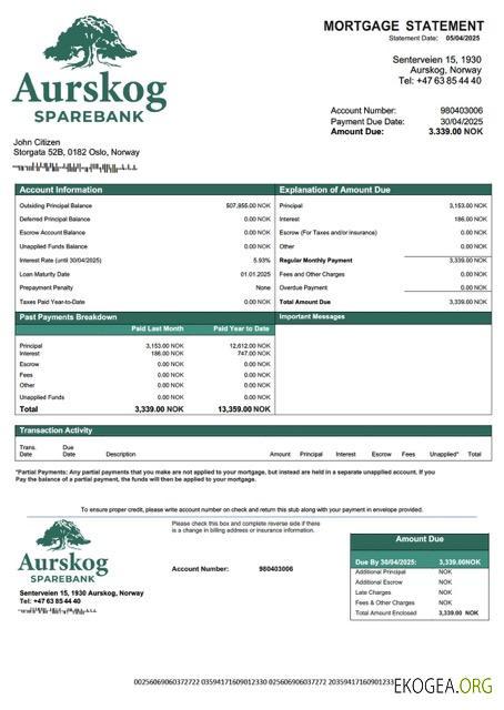 Norvège Aurskog Sparebank relevé hypothécaire Modèle Word et PDF